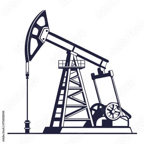 Silhouette of an oil pump jack extracting crude oil from the ground in a simplified graphic illustration