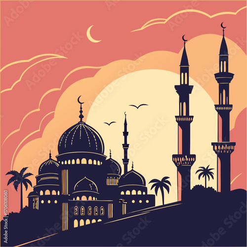 Silhouette of an ornate islamic mosque with multiple domes and tall minarets against a warm sunset sky with clouds and a crescent moon
