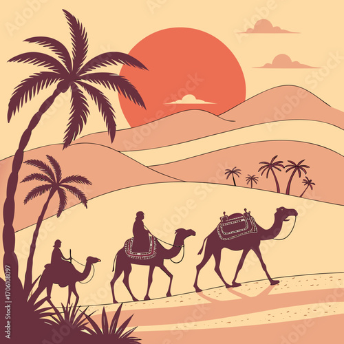 Silhouetted caravan of camels and riders traversing a desert landscape under a large setting sun with palm trees