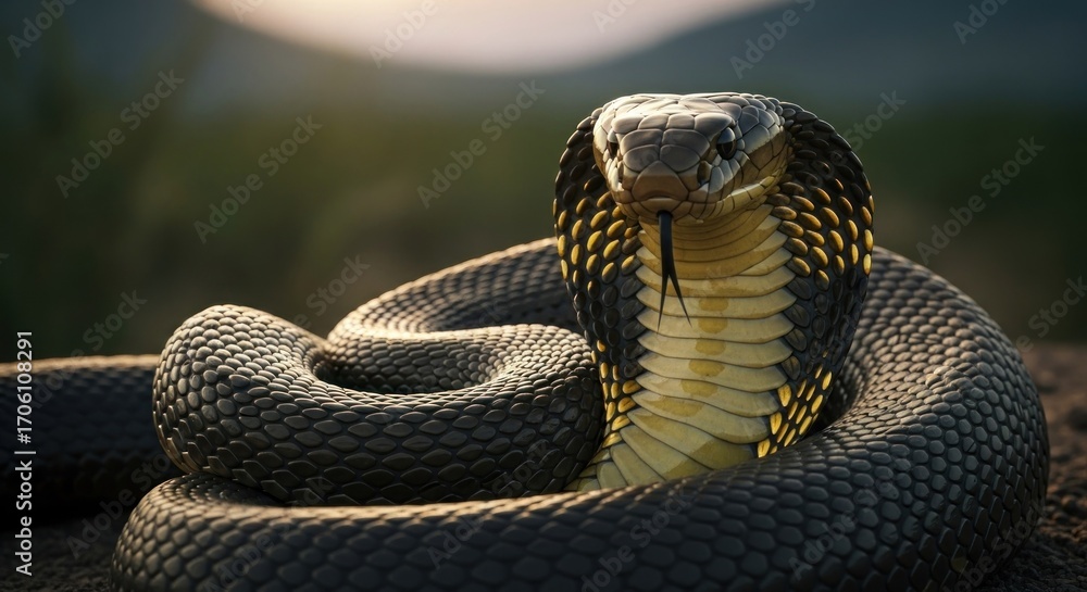 Fototapeta premium A close-up view of a coiled venomous snake, showcasing its intricate scales and striking colors against a blurred natural backdrop.
