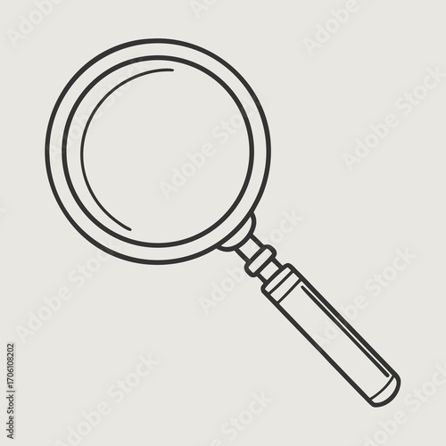 Simple black outline drawing of a magnifying glass with a handle on a light gray background