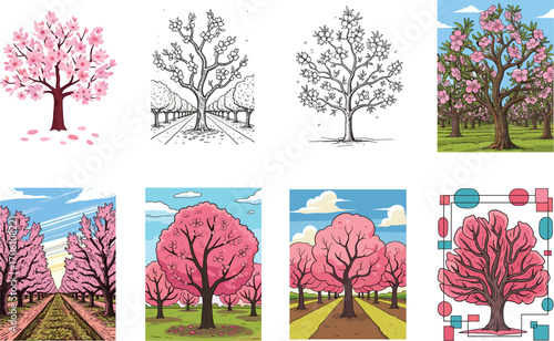 Blossom tree vector set, hand drawn pink flower trees, spring orchard illustrations, cherry and peach trees, colorful and sketch style