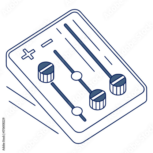 Simple isometric line art illustration of a control panel with three sliders and two knobs for adjustment