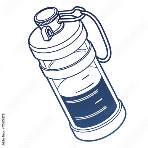 Simple line art illustration of a blue and white water bottle with measurement markings and a carrying loop
