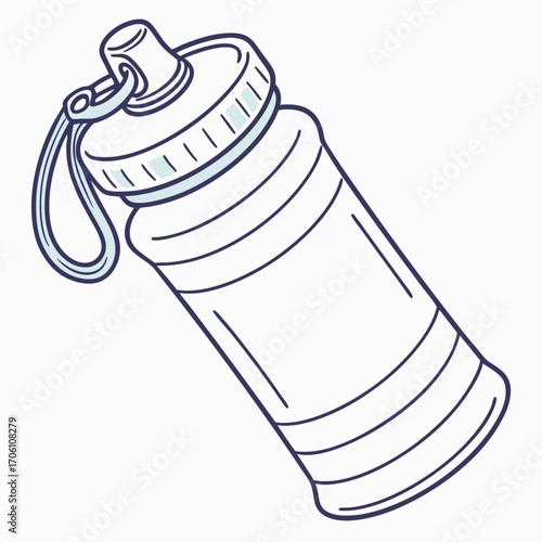 Simple outline drawing of a reusable water bottle with a loop and cap for hydration and healthy lifestyle