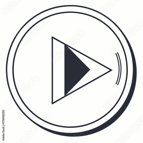 Simple minimalist line art icon of a play button with sound waves emanating from the side within a circular frame