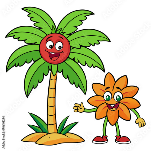 Tropical Jungle Flower and Palm Tree Vector Characters