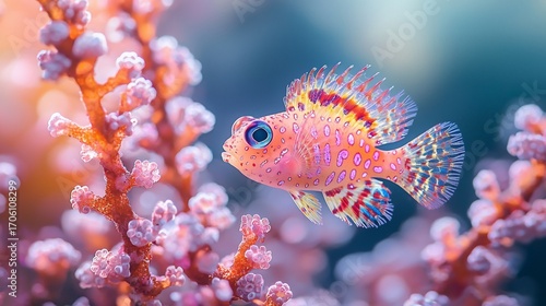 Vibrant fish swims amidst coral, showcasing vivid colors and intricate details
