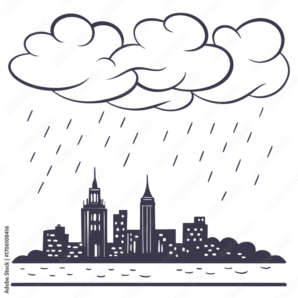 Obraz premium Stylized illustration of a dark stormy cloud raining over a city skyline silhouette with a body of water