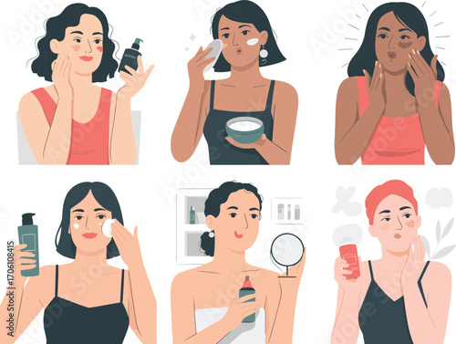 Six diverse women applying skincare products demonstrating daily beauty routines