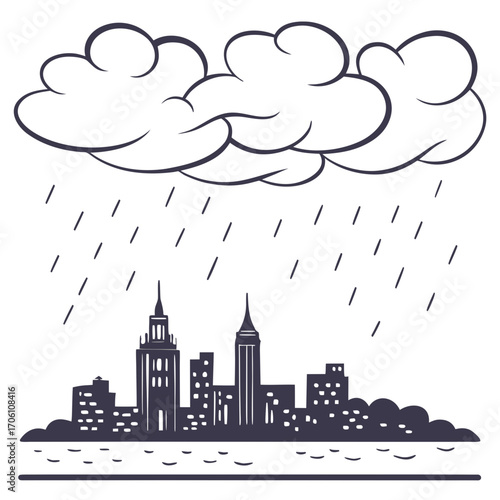 Stylized illustration of a dark stormy cloud raining over a city skyline silhouette with a body of water