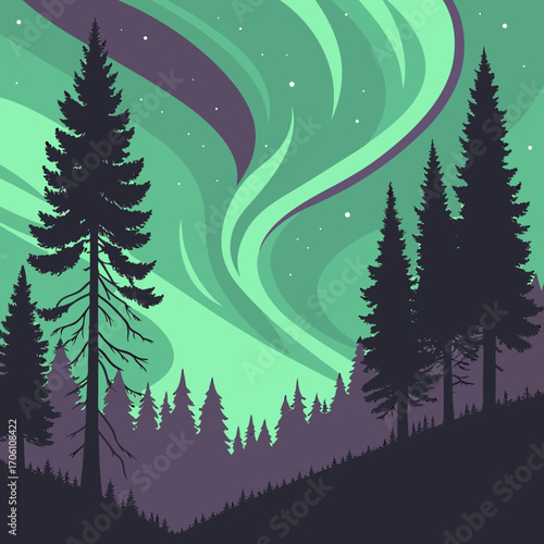 Stylized illustration of a dark evergreen forest silhouette under a vibrant green and purple aurora borealis sky with stars