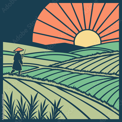 Stylized illustration of a farmer in a conical hat walking through lush green terraced fields at sunrise