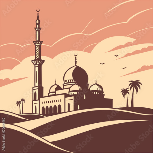 Stylized illustration of a grand mosque with minarets and domes set against a warm sky with clouds and silhouetted palm trees