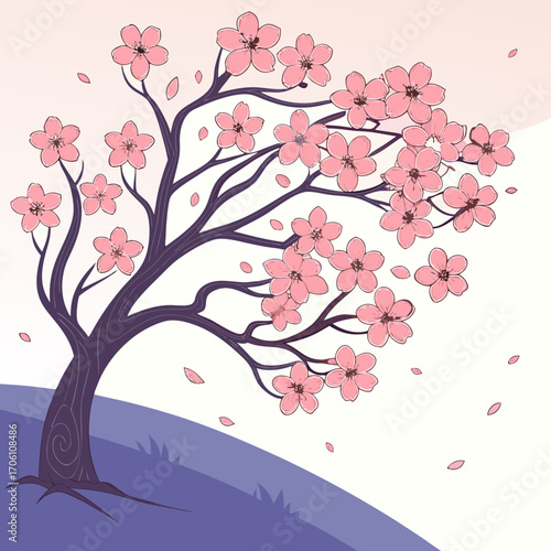 Stylized illustration of a blooming cherry blossom tree with delicate pink flowers and falling petals on a soft pastel background