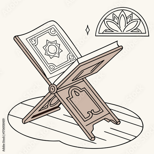 Stylized illustration of a holy quran on a wooden stand with islamic geometric patterns and a decorative arch