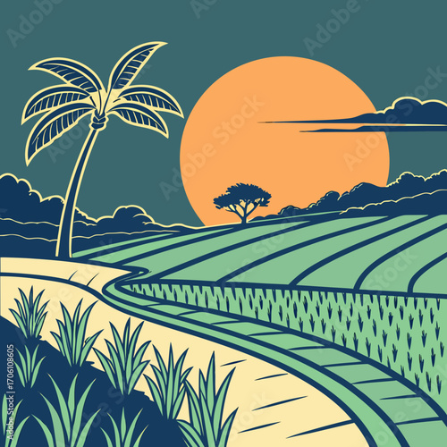 Stylized illustration of a winding dirt road through lush green agricultural fields under a large orange sun and palm tree