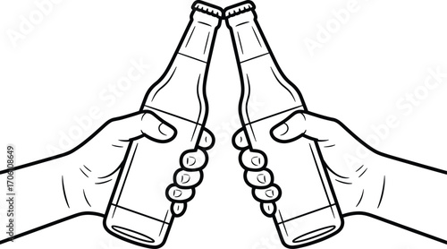Cheers clinking bottles two hands line drawing graphic celebration toast celebration beverage party