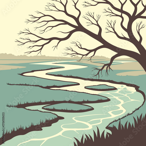 Stylized illustration of a winding river flowing through a marshy landscape under a bare tree