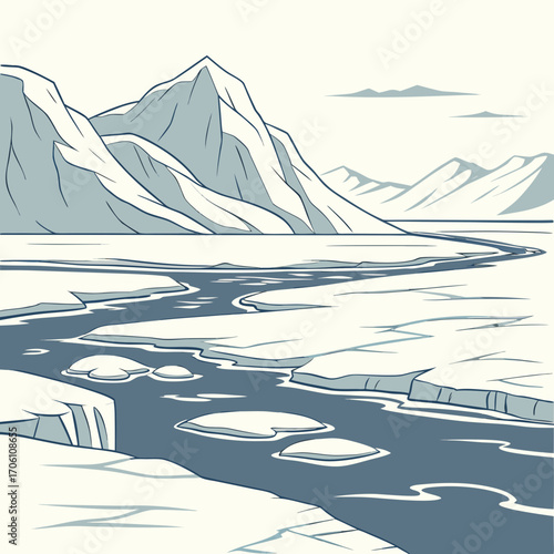 Stylized illustration of a winding river flowing through a frozen arctic landscape with snow capped mountains in the background under a pale sky
