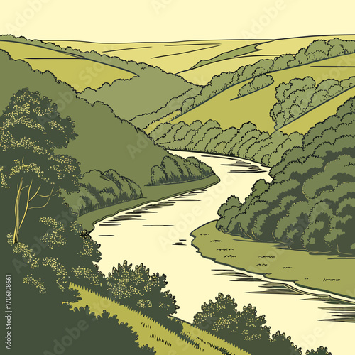 Stylized illustration of a winding river flowing through lush green rolling hills and dense forests under a pale sky