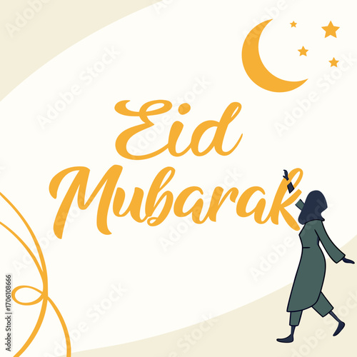 Stylized illustration of eid mubarak greeting with a crescent moon and stars and a person in hijab reaching up