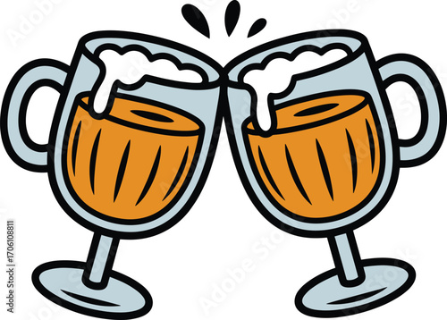 Two cartoon wine glasses clinking together cheers celebration toast drink beverage