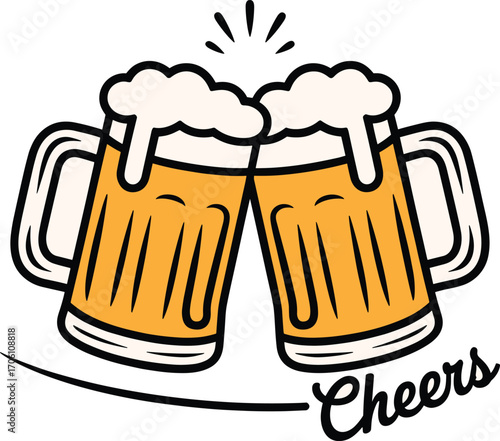Two frothy mugs of beer clinking together celebration cheers toast celebration