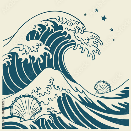 Stylized japanese great wave illustration with seashells and stars in a minimalist flat design style
