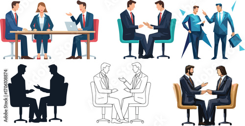 Business meeting vector set, professional interaction, handshake, conversation, collaboration, office chairs and desk scenes, black and white illustration pack