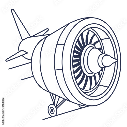 Stylized line drawing of a jet engine with blades and landing gear on a white background
