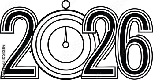 Happy new year 2026 with a clock face silhouette