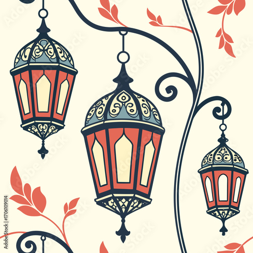Traditional islamic lanterns with decorative branches and leaves in a repeating pattern