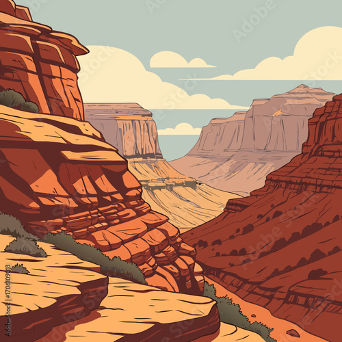 Vibrant illustration of a vast canyon landscape with layered red rock formations under a cloudy sky