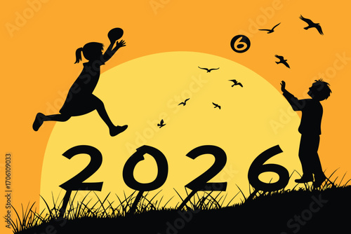 silhouette against a large sun with the year 2026