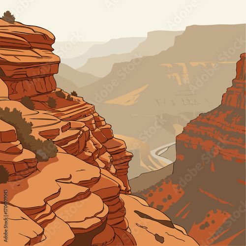 Vibrant illustration of layered orange sandstone cliffs overlooking a vast canyon with a winding road below