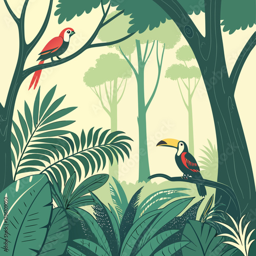 Vibrant jungle scene with a red parrot perched on a branch and a toucan sitting on a limb surrounded by lush green foliage and trees