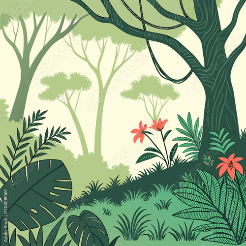 Vibrant jungle scene with lush green foliage exotic flowers and hanging vines on a pale background