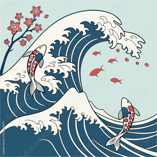 Traditional japanese art style depicting two koi fish swimming through a large blue wave with cherry blossoms and small red fish