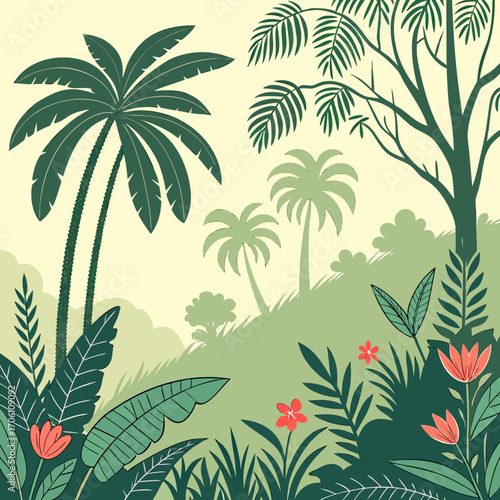 Vibrant tropical jungle landscape with lush green palm trees and exotic flowers under a soft yellow sky
