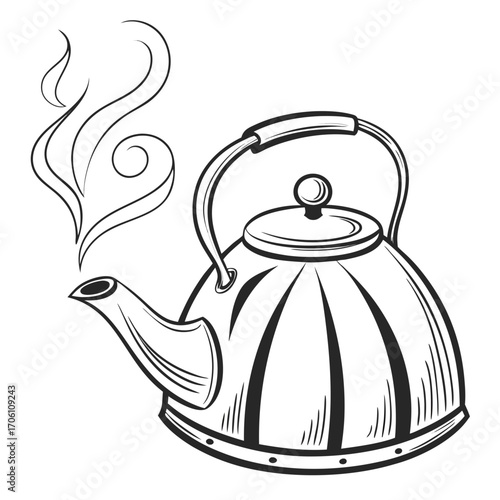 Vintage style black and white line drawing of a steaming kettle with a curved handle and spout emitting wisps of steam