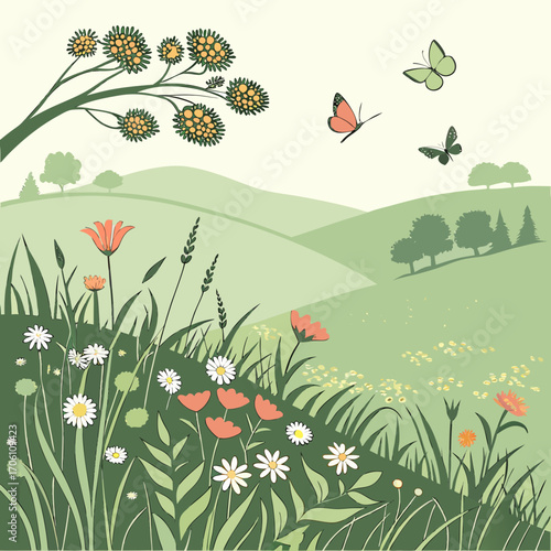 Whimsical illustration of a vibrant meadow filled with blooming wildflowers and graceful butterflies fluttering in a gentle breeze