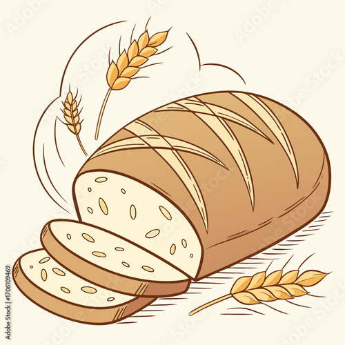 Wholesome loaf of sliced bread with wheat stalks and abstract swirls on a light background