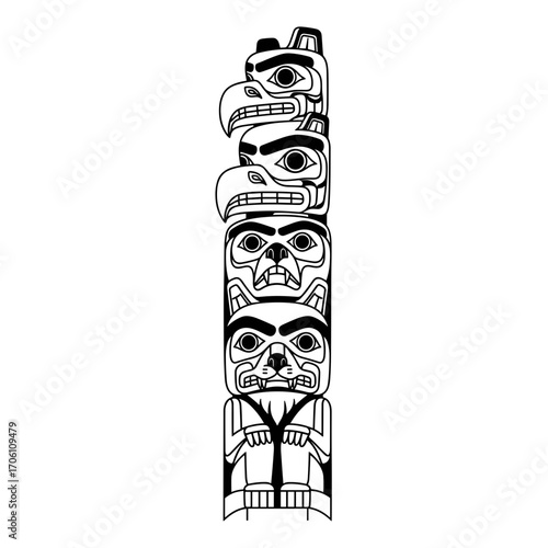 Totem pole carving featuring four unique figures with symbols  