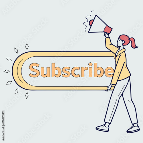 Woman holding a megaphone announcing the word subscribe on a large illuminated banner with diamond shapes