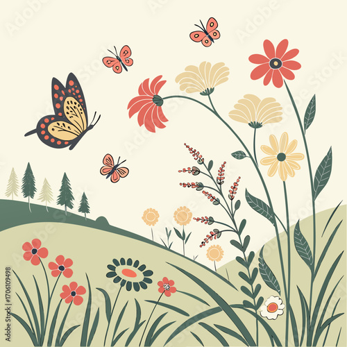 Whimsical illustration of a vibrant meadow filled with blooming flowers and playful butterflies fluttering in the gentle breeze
