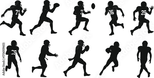American football player silhouettes, football action poses, sports vector, athlete running, catching ball, throwing, football game, team sport