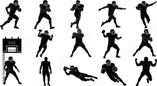 American football player silhouettes, quarterback and receiver clipart, sports action poses, vector athletes, football game illustration