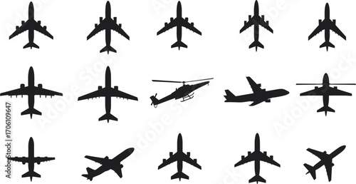 Aircraft silhouettes, airplane icons, helicopter shape, aviation design, top view, side view, black aircraft, flight symbols, aerodynamics, transport