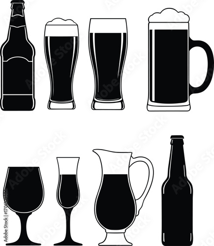 Beer, wine, and liquor drink silhouette vector icons including glasses, mugs, bottles, and pitchers for bar, pub, or restaurant design